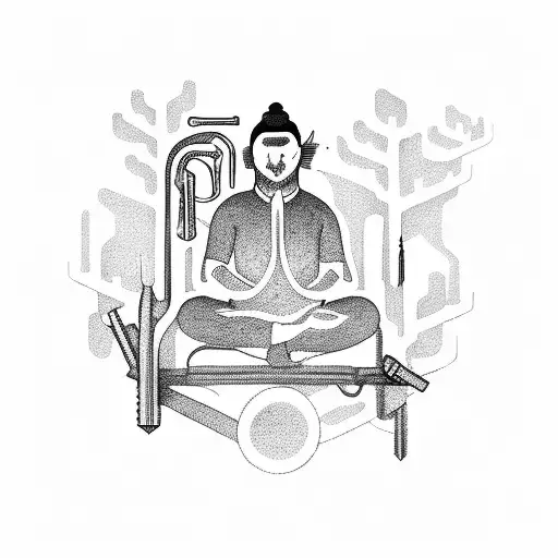 A meditating mechanic surrounded by a forest of wrenches and tools tattoo design idea