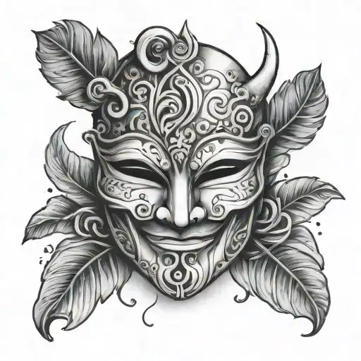 A tattoo design of a mask with a smile on one side and a frown on the other, symbolizing the dual nature of fake friends tattoo design idea