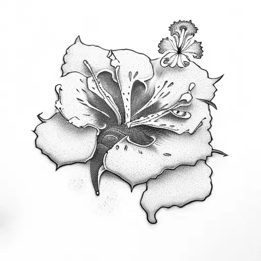 A surrealistic tattoo depicting your best friend as a hibiscus flower in a dreamlike landscape tattoo design idea