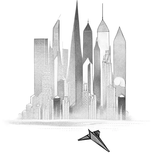 A paper airplane soaring over a detailed city skyline tattoo design idea