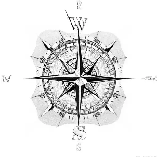 A compass rose with intricate details and a world map in the background tattoo design idea