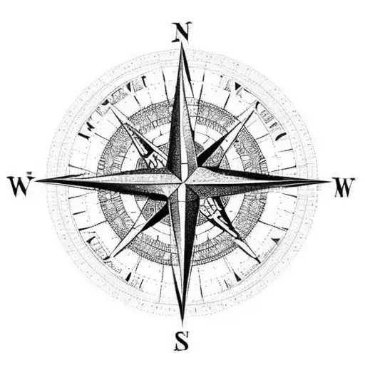 A compass rose with intricate details and a world map in the background tattoo design idea