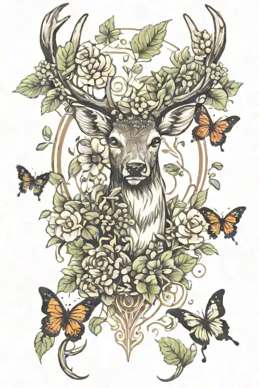 deer with three butterfly's plants and leaves   tattoo design idea