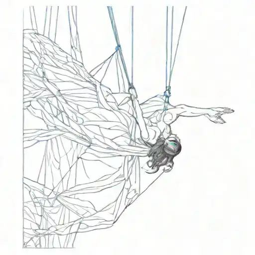Minimalist sketch of a figure painting while suspended in aerial silks tattoo design idea