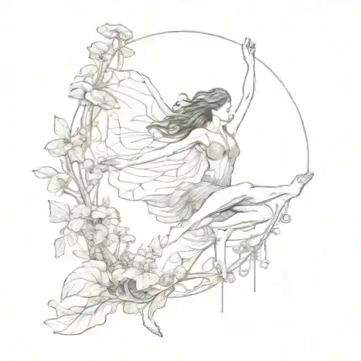 A sketch-style tattoo of a sensual aerial silk dancer gracefully moving among mushroom-filled forests, capturing the essence of the client's interests tattoo design idea
