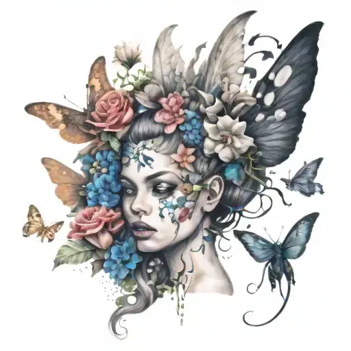 fairy surrounded by moths and mushrooms and flowers tattoo design idea