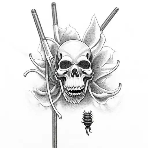 grim reaper with a yellow lily in its mouth, holding and anatomically correct heart wrapped in barbed wire tattoo design idea