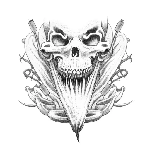 grim reaper with a yellow lily in its mouth, holding and anatomically correct heart wrapped in barbed wire tattoo design idea