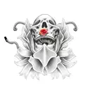 grim reaper with a yellow lily in its mouth, holding and anatomically correct heart wrapped in barbed wire tattoo design idea