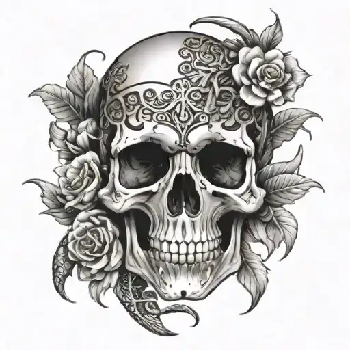 The skull looks straight, the snake intertwining with flowers tattoo design idea