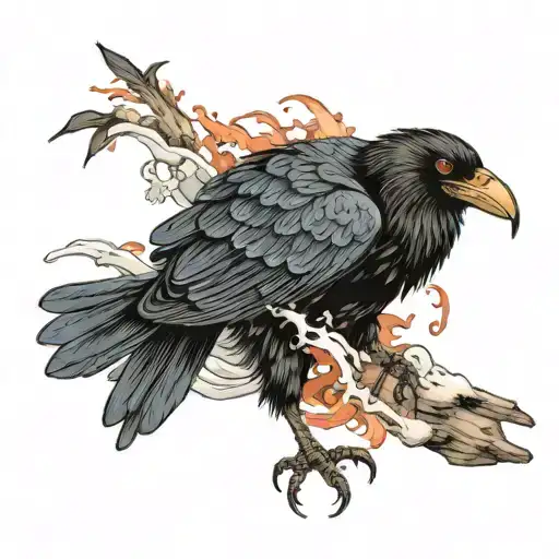 crow carrying the ocean extinguishes fire tattoo design idea