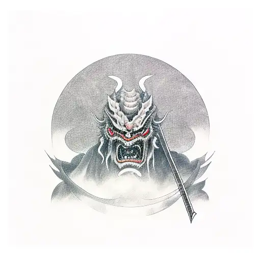 Japanese demon with mist and katana  tattoo design idea