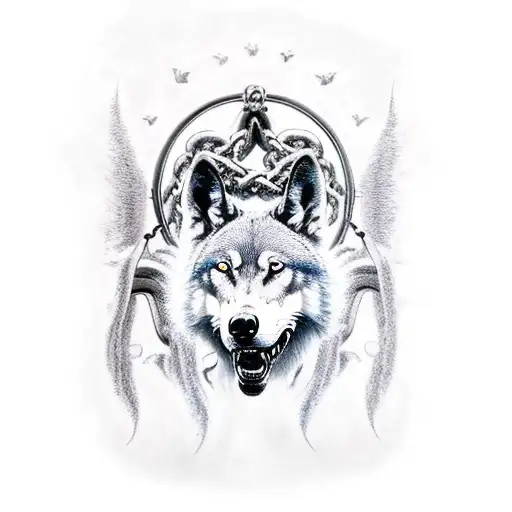 the Grim Reaper holing 3 wolf's in chains  with a epic dark atmosphere and blue  lighting   tattoo design idea