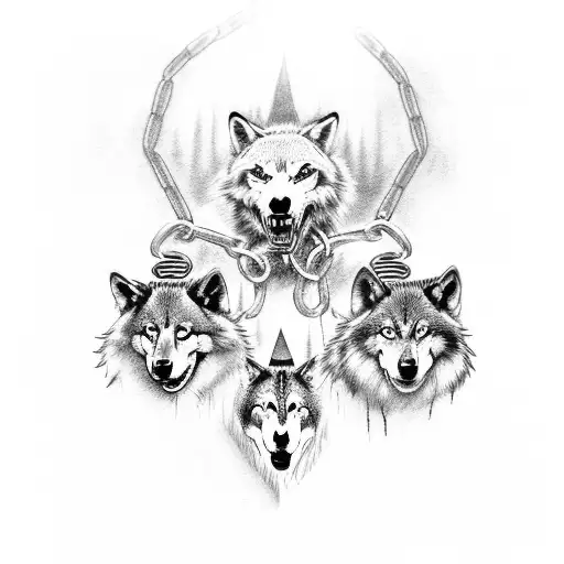 Grim Reaper holing 3 wolf's in chains  with a epic dark atmosphere and blue  lighting   tattoo design idea