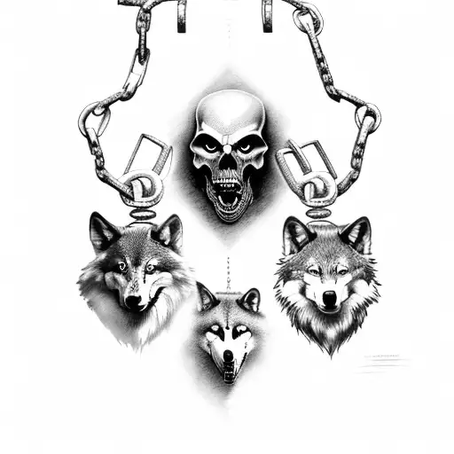 the Grim Reaper holing 3 wolf's in chains  with an epic dark atmosphere  tattoo design idea