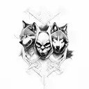 Grim Reaper holing 3 wolf's in chains  with a epic dark atmosphere and blue  lighting   tattoo design idea