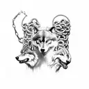 Grim Reaper holing 3 wolf's in chains  with a epic dark atmosphere and blue  lighting   tattoo design idea