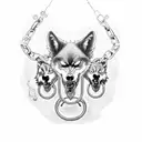 Grim Reaper holing 3 wolf's in chains  with a epic dark atmosphere and blue  lighting   tattoo design idea