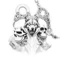 Grim Reaper holing 3 wolf's in chains  with a epic dark atmosphere and blue  lighting   tattoo design idea