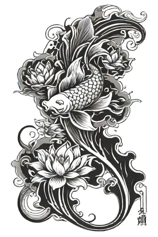 1 koi fish fly off water of lotus flower blooming on a full moon with some cloud  tattoo design idea