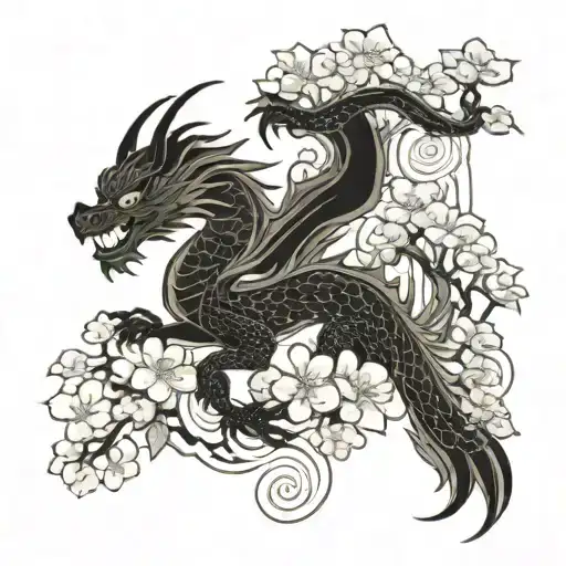 Japanese inspired tattoo to fit on the forearm. It should include a Japanese inspired dragon and a blossom tree. tattoo design idea