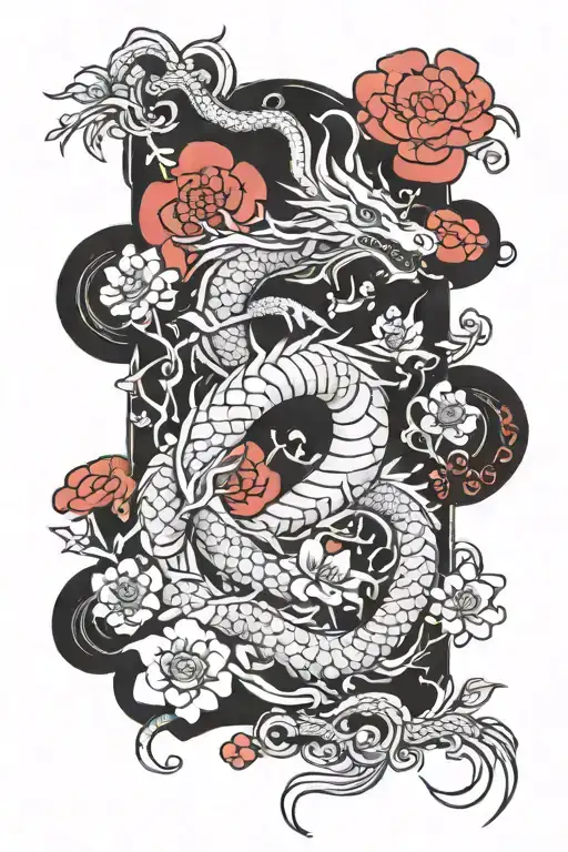 Japanese inspired tattoo to fit on the forearm. It should include a Japanese inspired dragon and a blossom tree. tattoo design idea