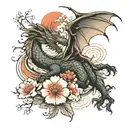 Japanese inspired tattoo to fit on the forearm. It should include a Japanese inspired dragon and a blossom tree. tattoo design idea