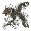 Japanese inspired tattoo to fit on the forearm. It should include a Japanese inspired dragon and a blossom tree. tattoo design idea