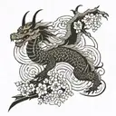 Japanese inspired tattoo to fit on the forearm. It should include a Japanese inspired dragon and a blossom tree. tattoo design idea