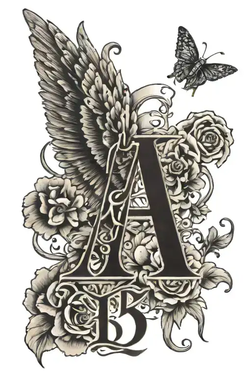 initials AB date of birth of the child one wing and handprint of the child tattoo design idea