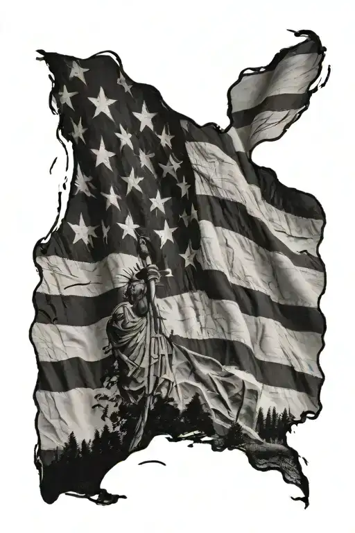 A black-grey tattoo of a silhouette of the American flag waving in the wind, with a background of a peaceful countryside landscape tattoo design idea