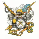 crossed drumsticks, snare drum and snake tattoo design idea