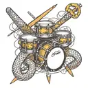 crossed drumsticks, snare drum and snake tattoo design idea