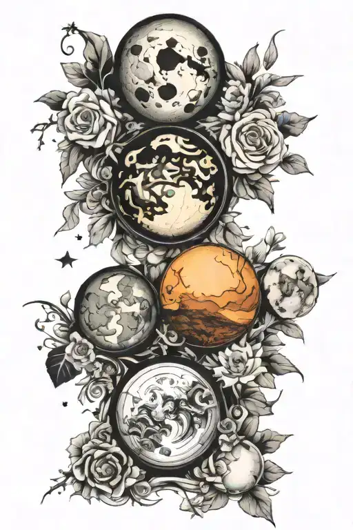 Moon phases, earth, ocean, beginning and end of time, cosmos tattoo design idea