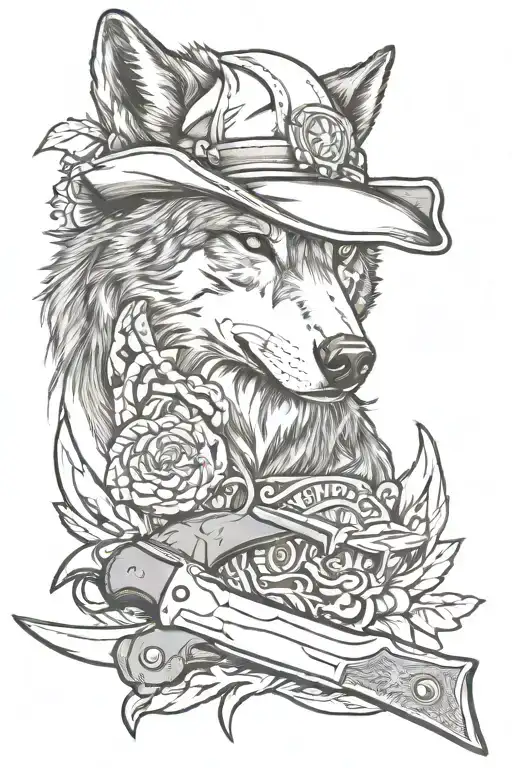 hunting knife, hat, wolf memorial tattoo design tattoo design idea