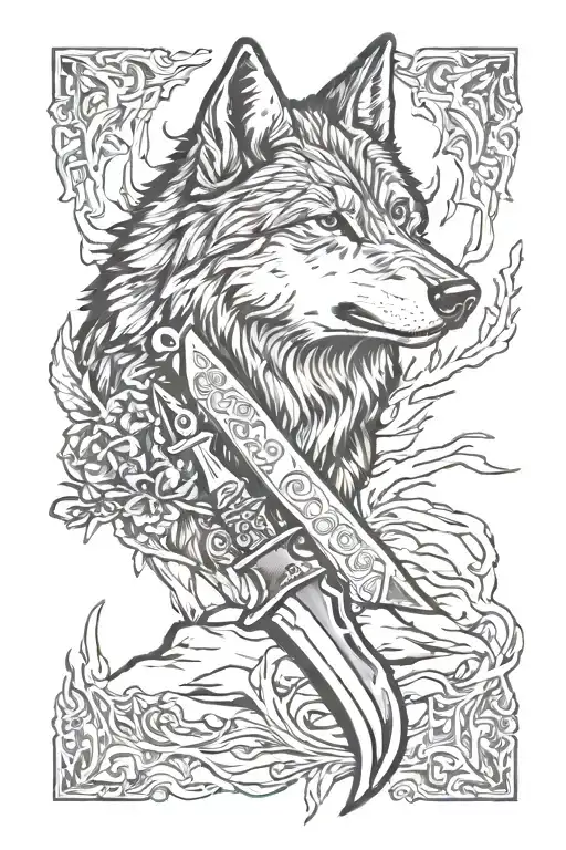 hunting knife, wolf,  memorial tattoo design tattoo design idea