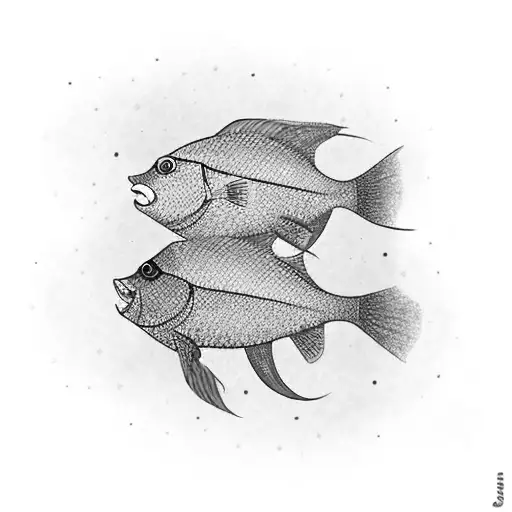 school of 13 fish with a colorful fish swimming agains the school tattoo design idea