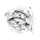 school of fish with a colorful fish swimming agains the school tattoo design idea