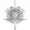  "Please create a drawn ancient Illyrian sword for me. The phrase 'Besa Bës' should be engraved on the blade, with a sub tattoo design idea