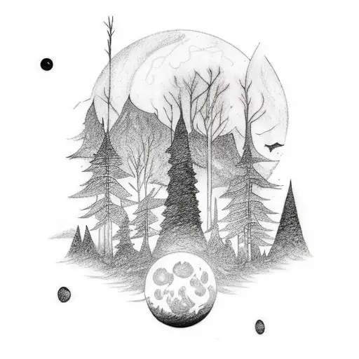 Craft a tattoo showcasing a mystical moonlit forest with comets streaking across the night sky tattoo design idea