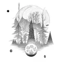 Craft a tattoo showcasing a mystical moonlit forest with comets streaking across the night sky tattoo design idea
