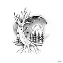 Craft a tattoo showcasing a mystical moonlit forest with comets streaking across the night sky tattoo design idea
