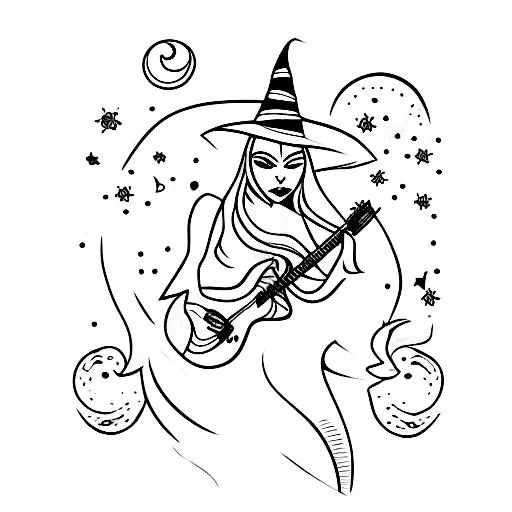 A witch playing a guitar under a full moon with mystical symbols surrounding her tattoo design idea