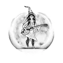 A witch playing a guitar under a full moon with mystical symbols surrounding her tattoo design idea