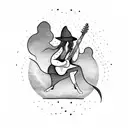 A witch playing a guitar under a full moon with mystical symbols surrounding her tattoo design idea