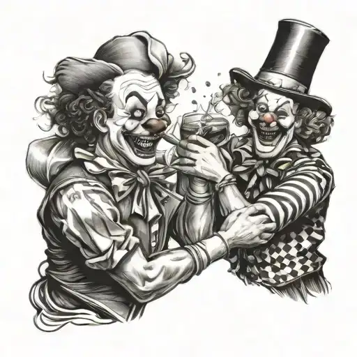 drunk fighting clowns with one clown mad and throwing a bottle of alcohol at the other clown tattoo design idea