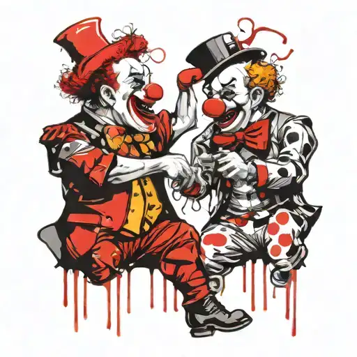 drunk fighting clowns with one clown mad and throwing a bottle of alcohol at the other clown tattoo design idea