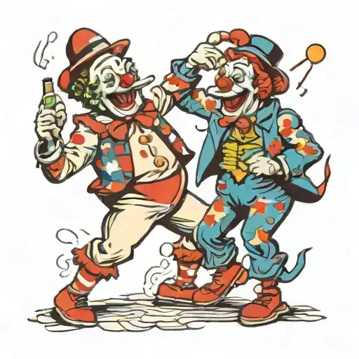 drunk fighting clowns with one clown throwing a bottle of alcohol at the other clown tattoo design idea