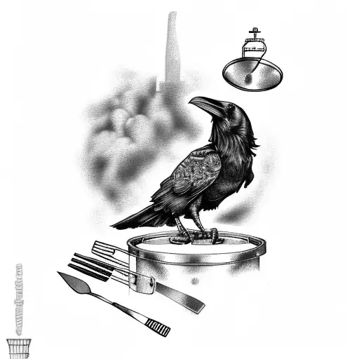 A raven perched on a beer keg surrounded by BBQ utensils tattoo design idea