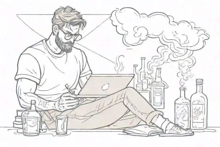 A sketch-style design of a college student studying while surrounded by smoke and bottles of alcohol tattoo design idea
